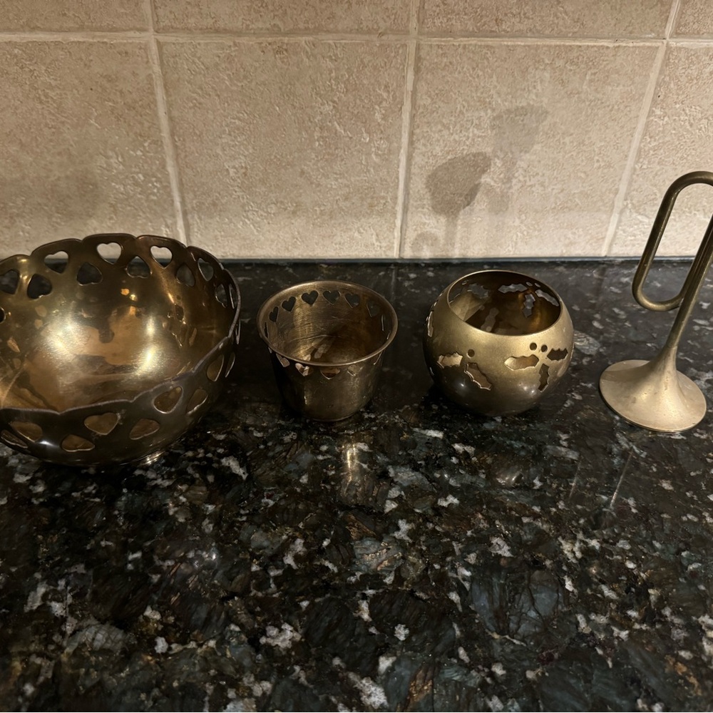 Lot Of 4 Vintage Brass Candle Holders Brass Candlesticks Candy Dish MCM Votive